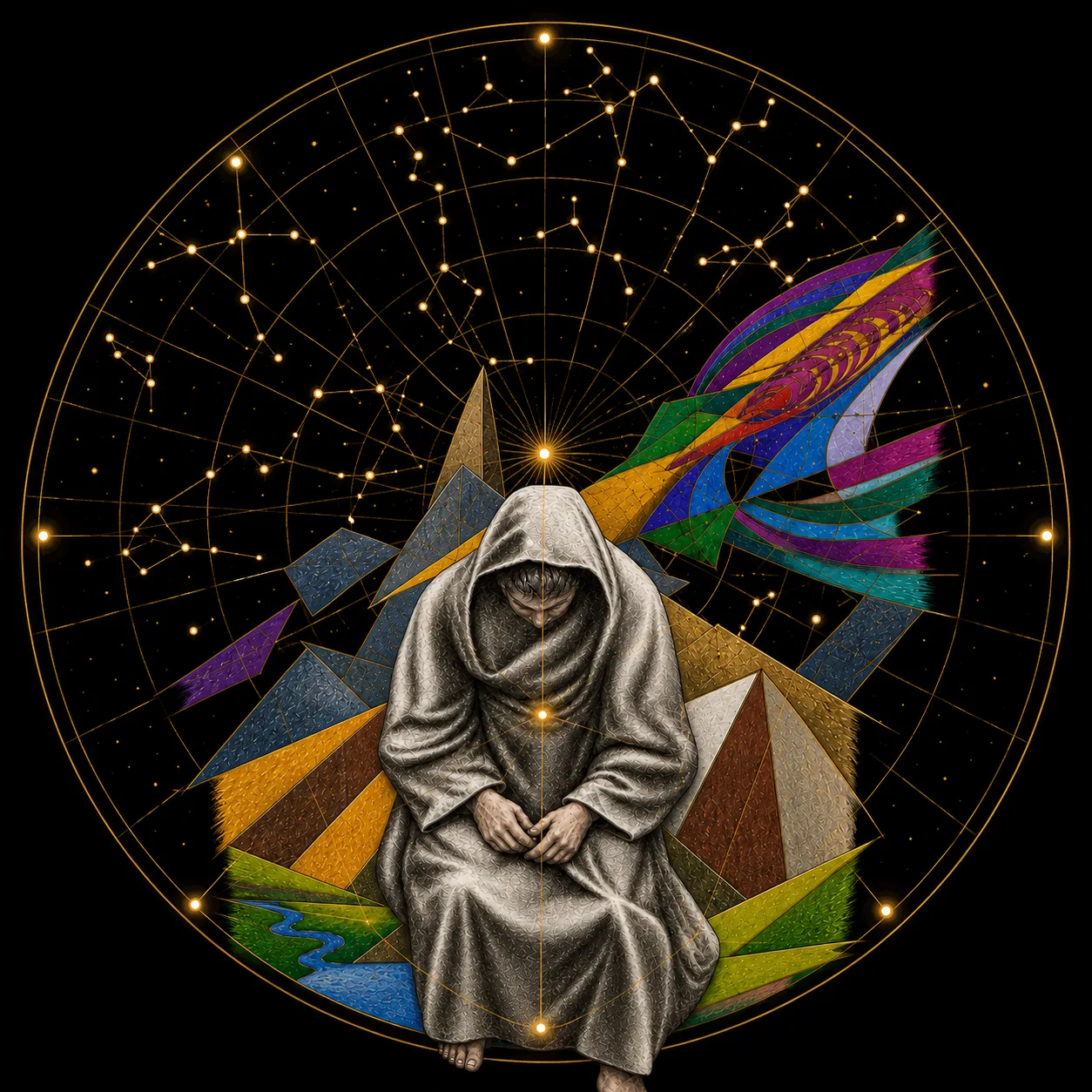 The celestial chart of THEOPHANIA: Giorgio Lupattelli’s hooded figure beneath a sky of golden constellations, with seven stars opening the sections of the site.