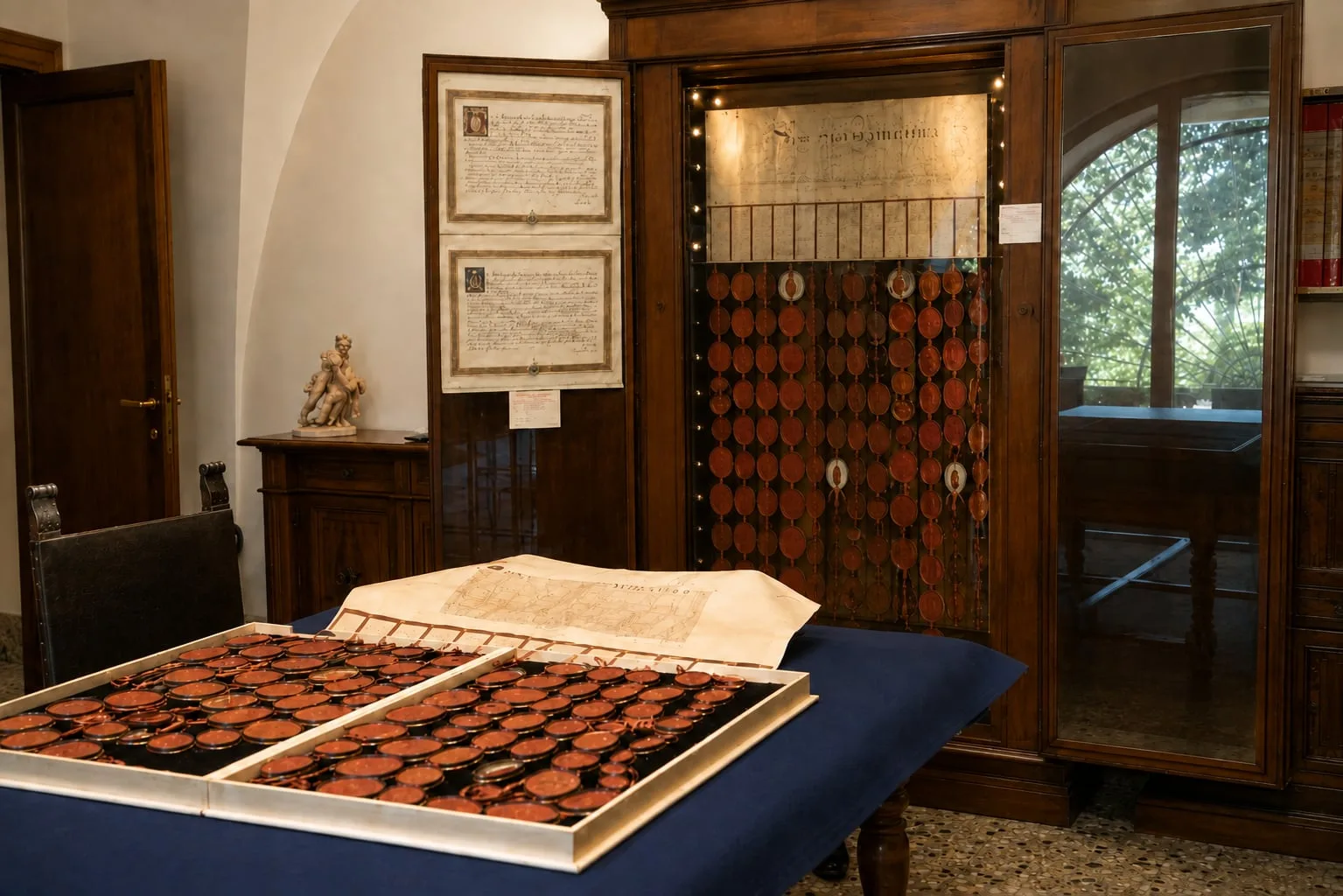 A room of the Vatican Apostolic Archive: the Causa Anglica open on a blue cloth and, behind it, the case with the row of pendant seals.