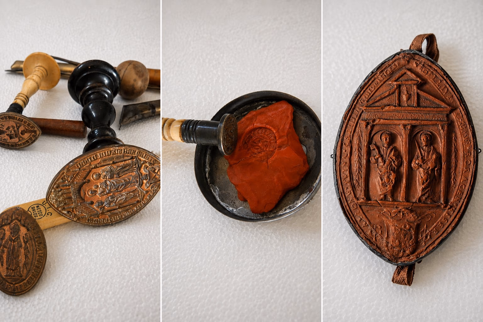 Three images side by side: the handles of the punches, red sealing wax pressed in the dish, and a metal matrix with two figures.