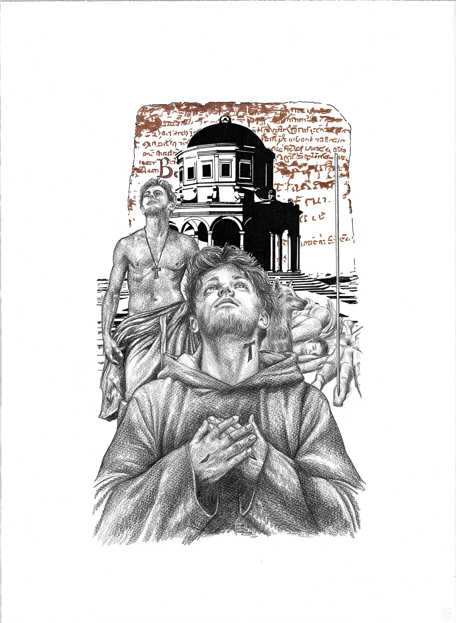Opera Maior come corpo composto, tecnica mista:carboncino, matita, china, acquarello su carta vergata con bordi intonsi, di Giorgio Lupattelli