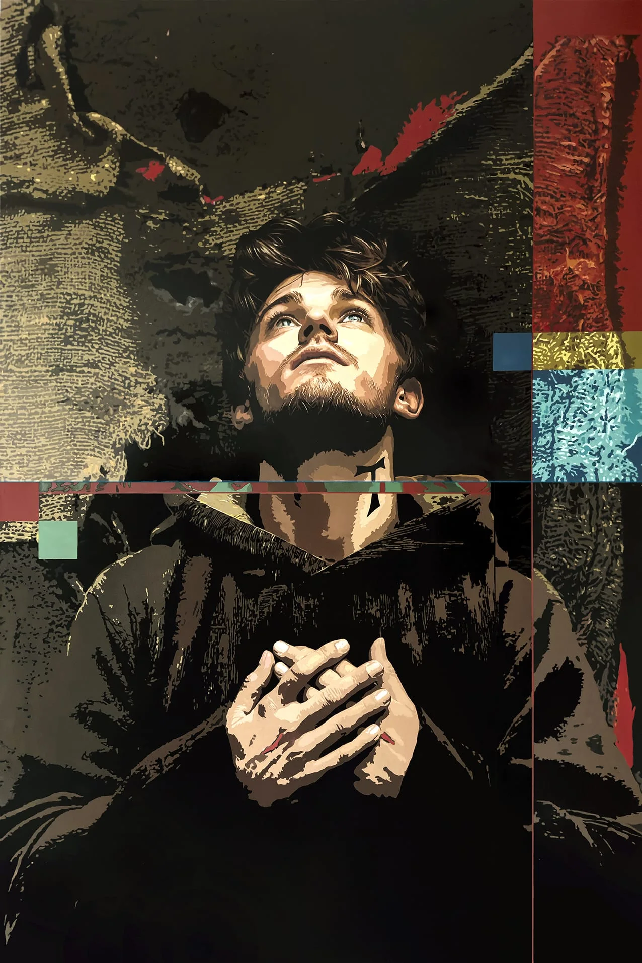 Opera Maior by Giorgio Lupattelli: the face of a young Francis looking upward, hands joined, crossed by bands of digital glitch and blocks of red, yellow and blue.
